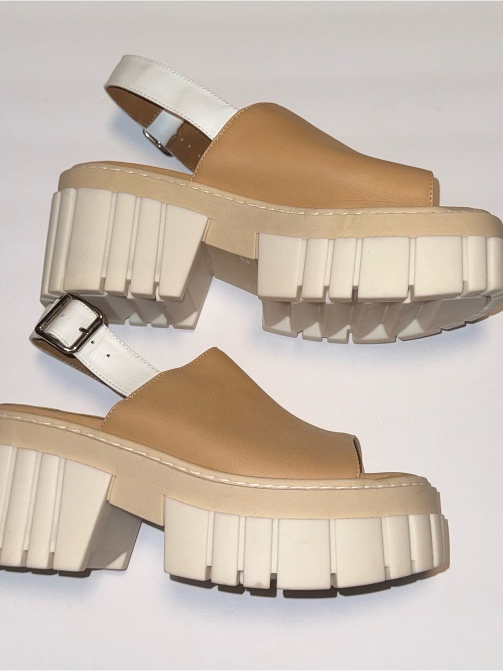 Platform Slingback Sandals in Tan and White